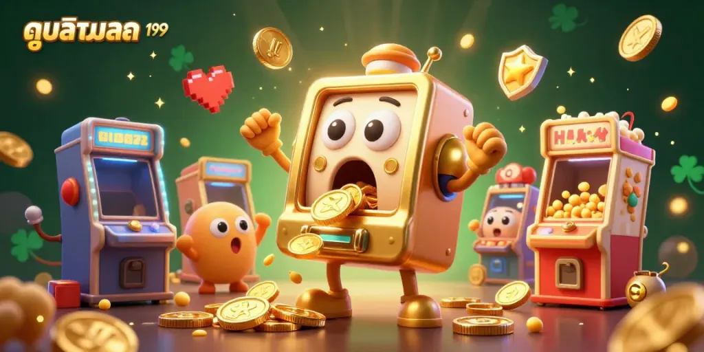 Joyful golden slot machine celebrates a jackpot at ดูบอลสด 199, surrounded by cheering baby machines and popcorn machine.