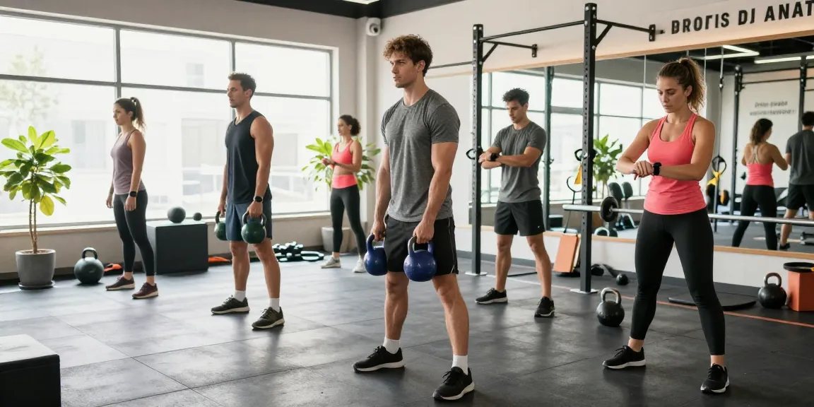 Driada Shop fitness scene showcasing athletes training in a modern gym with weights and vibrant ambiance.