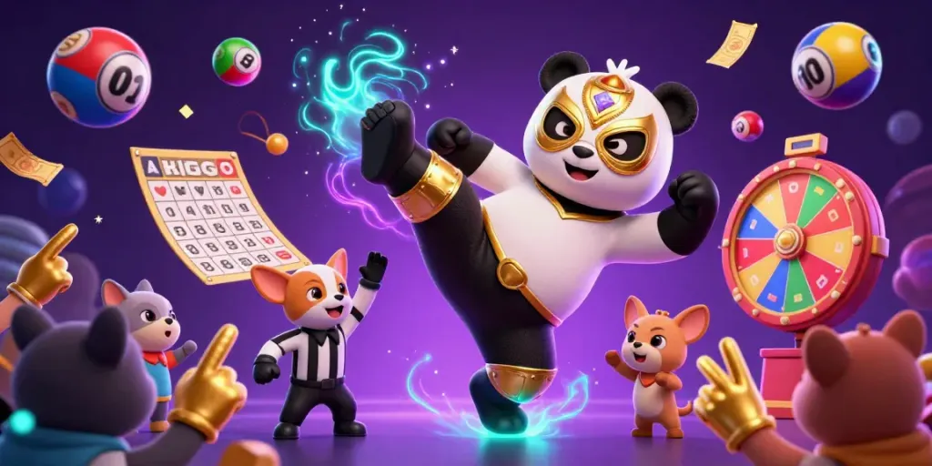 Experience DN88's thrilling atmosphere as panda wrestler leaps with excitement, surrounded by lottery elements.