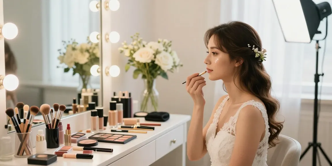 Trucco sposa luminoso con un make-up artist che prepara la sposa in uno studio elegante.