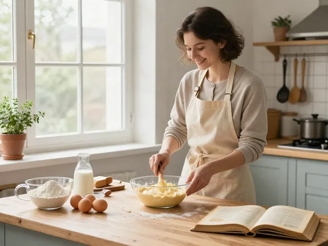 Cook preparing pop over here recipe with fresh ingredients in a bright kitchen.