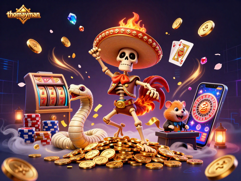 Win big with thomayman in a vibrant casino scene filled with gold coins, slot machines, and festive characters.