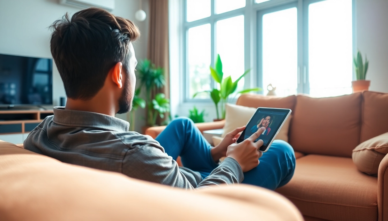 Engaging user enjoying free trial iptv on a tablet in a cozy living room setting.