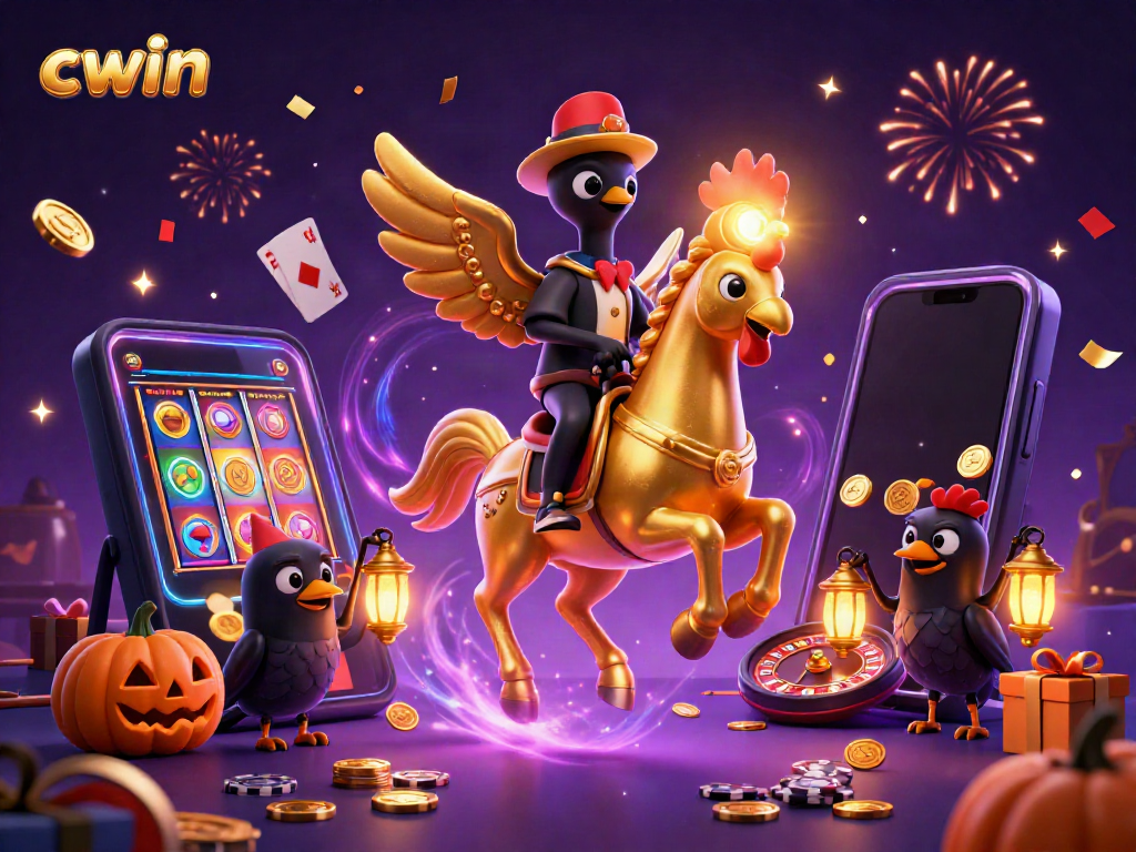 Experience the thrill of cwin with a vibrant casino scene, featuring a golden rooster and exciting game elements.