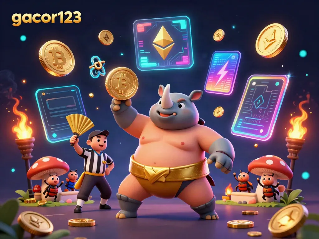 Join the action with gacor123 in a 3D scene showcasing the beetle sumo champion surrounded by digital gaming elements.