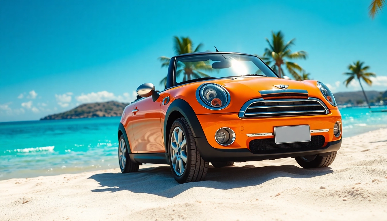 Experience a sunny Mini Cooper st Barts rental along the beach with palm trees and bright skies.