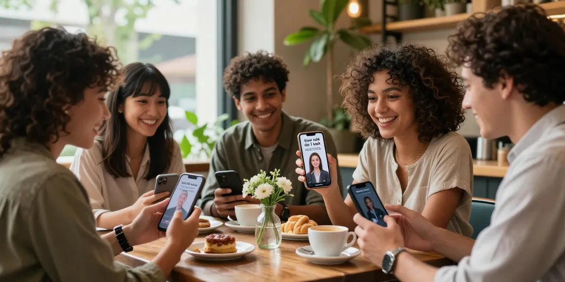 Friends enjoying a cheerful café moment while discovering how old do I look through age estimation apps, showcasing smiles and shared experiences.