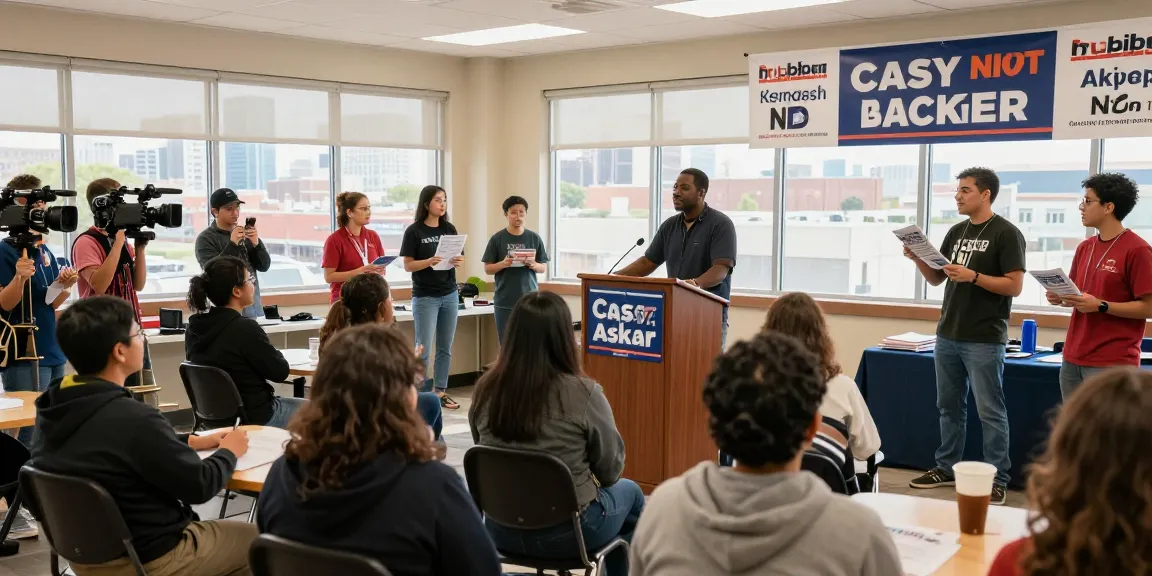 Casey Askar engaging voters at a political campaign event in a vibrant community center.