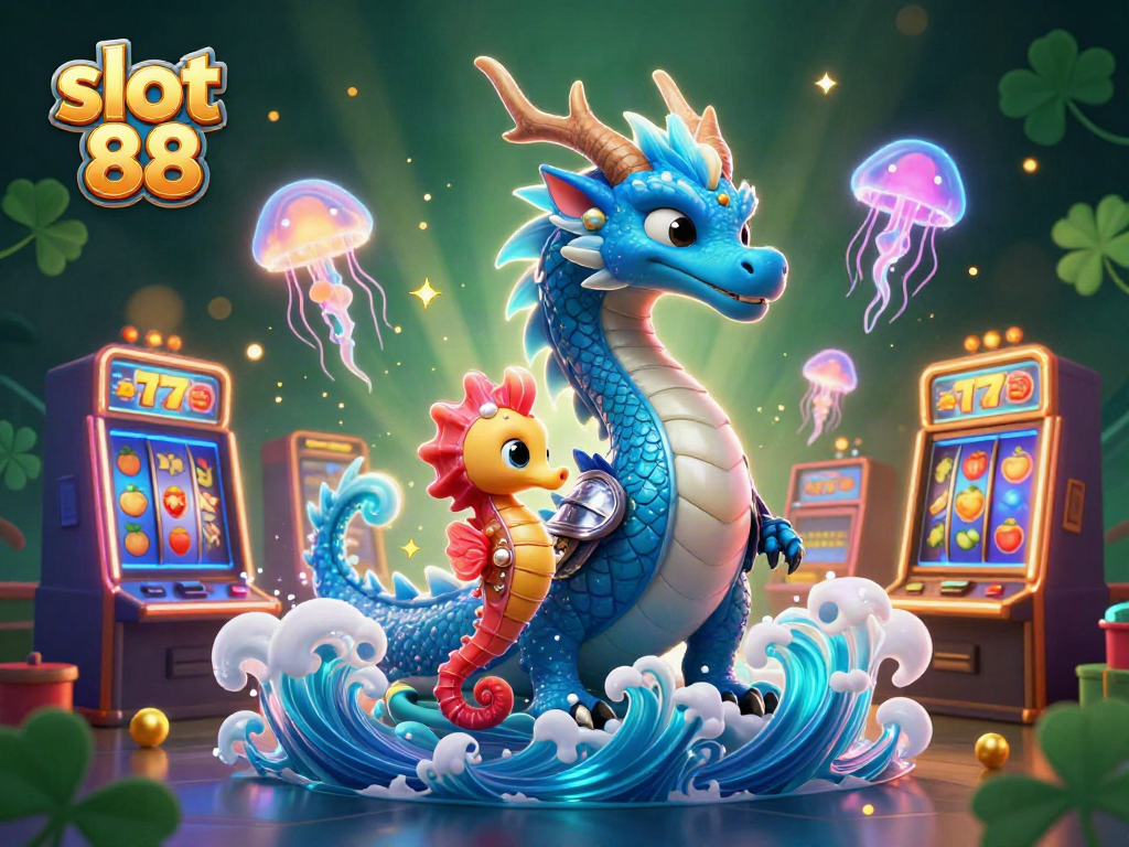 Experience the vibrant action of slot 88 with a 3D azure water dragon and seahorse knight amidst glowing slot machines.