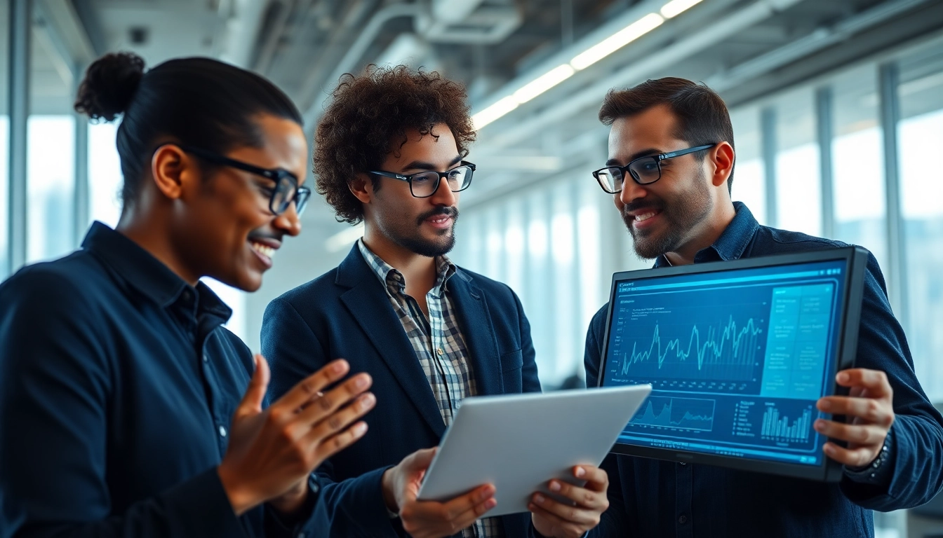 AI agents collaborating in a modern office, showcasing teamwork and digital strategies.