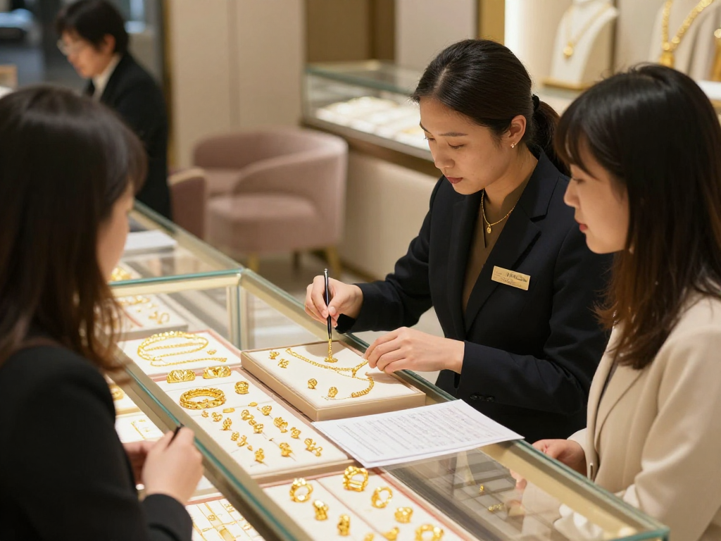 mantra88 at a luxurious gold jewelry shop with sparkling 24K ornaments and attentive service