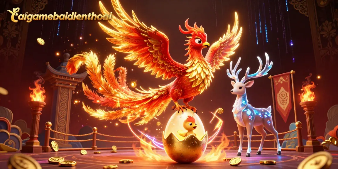 Experience the excitement of taigamebaidienthoai with vibrant casino-themed artwork featuring a phoenix and treasures.