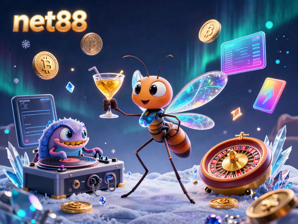 Experience net88 in a vibrant 3D casino illustration featuring a lively mosquito mascot and dynamic DJ elements.
