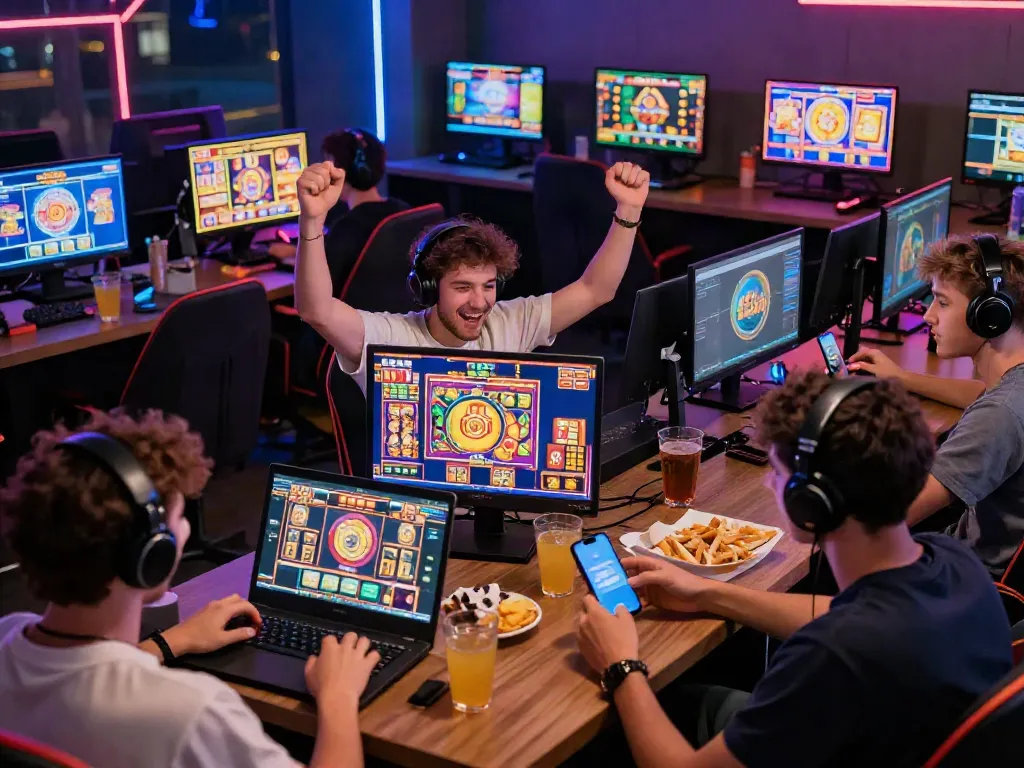 Exciting online gaming atmosphere with players enjoying slot gacor hari ini on various devices, celebrating wins in a vibrant lounge.