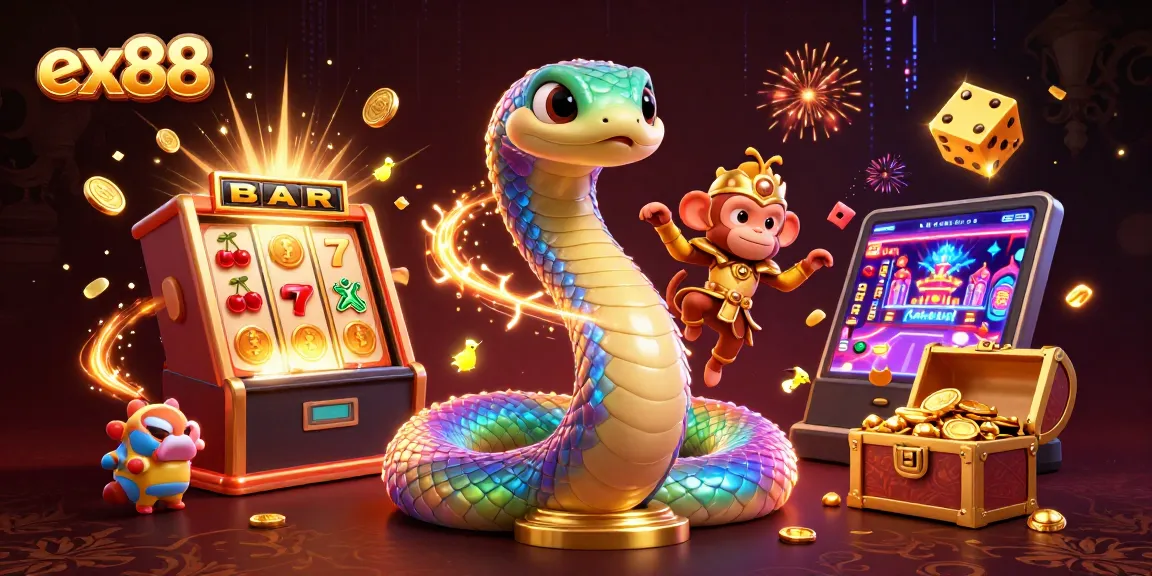 Experience the thrill of ex88 as the playful monkey king swings from a vibrant rainbow serpent amidst casino explosion elements.