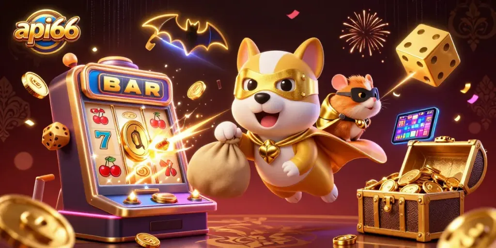 Experience the thrill of api66 with a superhero dog and hamster surrounded by dynamic casino elements.