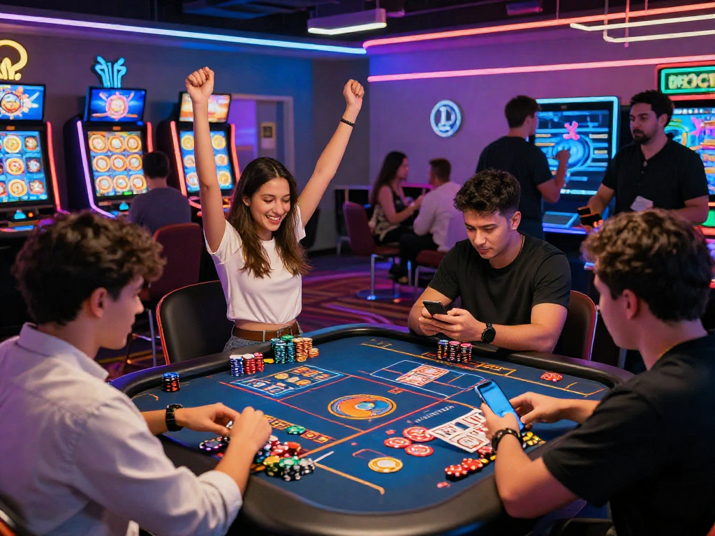 Exciting crypto casino scene with players celebrating wins, vibrant atmosphere, and digital gaming interfaces.