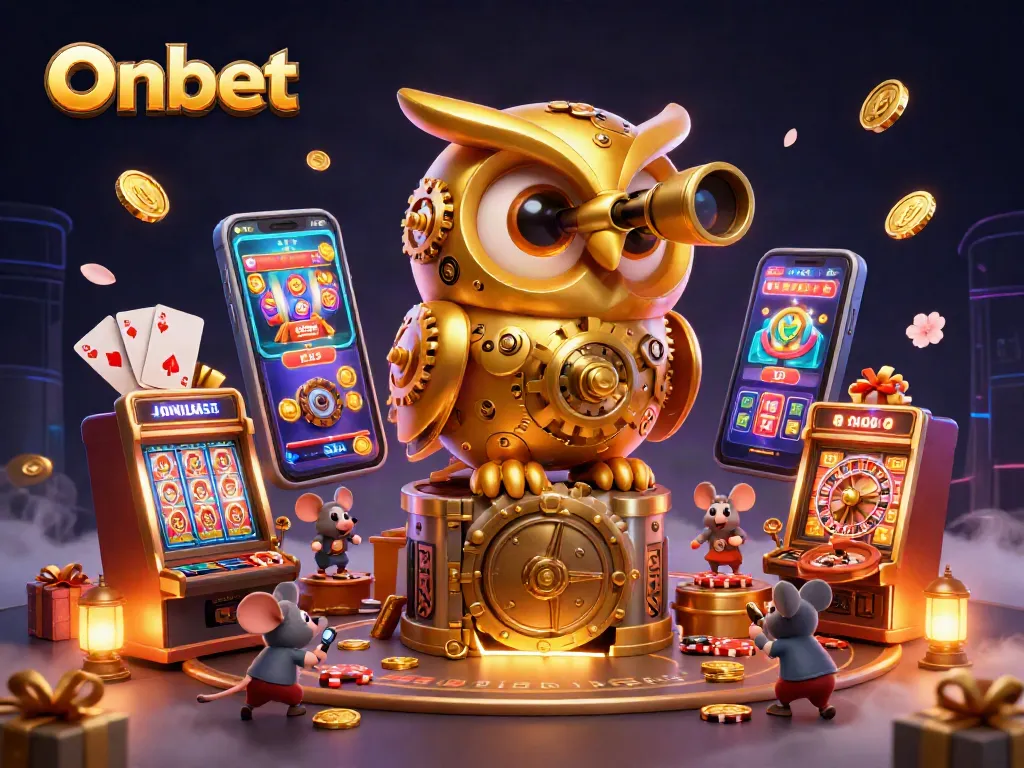 Onbet brings excitement with a golden owl and wind-up mice on a vibrant casino floor.