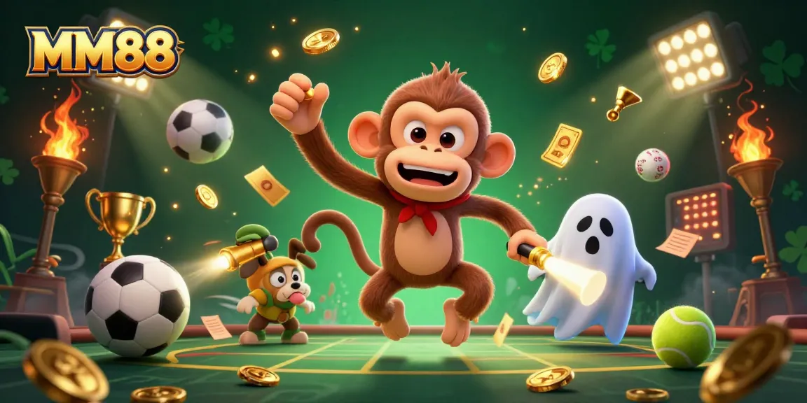 Experience the excitement of MM88 with a dynamic poltergeist monkey and ghost-hunter puppy in a lively casino scene.