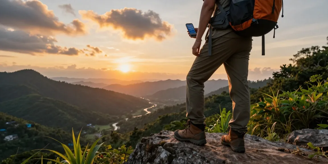 The traveler accessing mantra88 login at a breathtaking mountain viewpoint during sunrise.