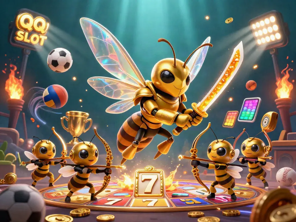 Engage with QQ SLOT gaming through an epic illustration featuring vibrant characters and dynamic casino elements.